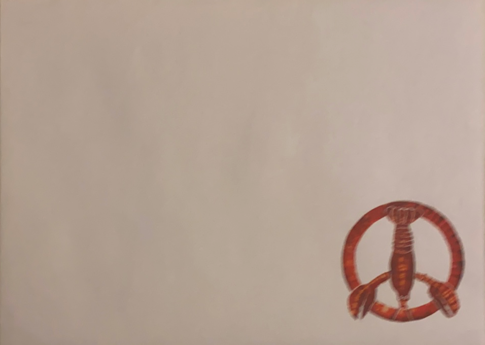 White envelope with lobster peace sign in lower right corner 