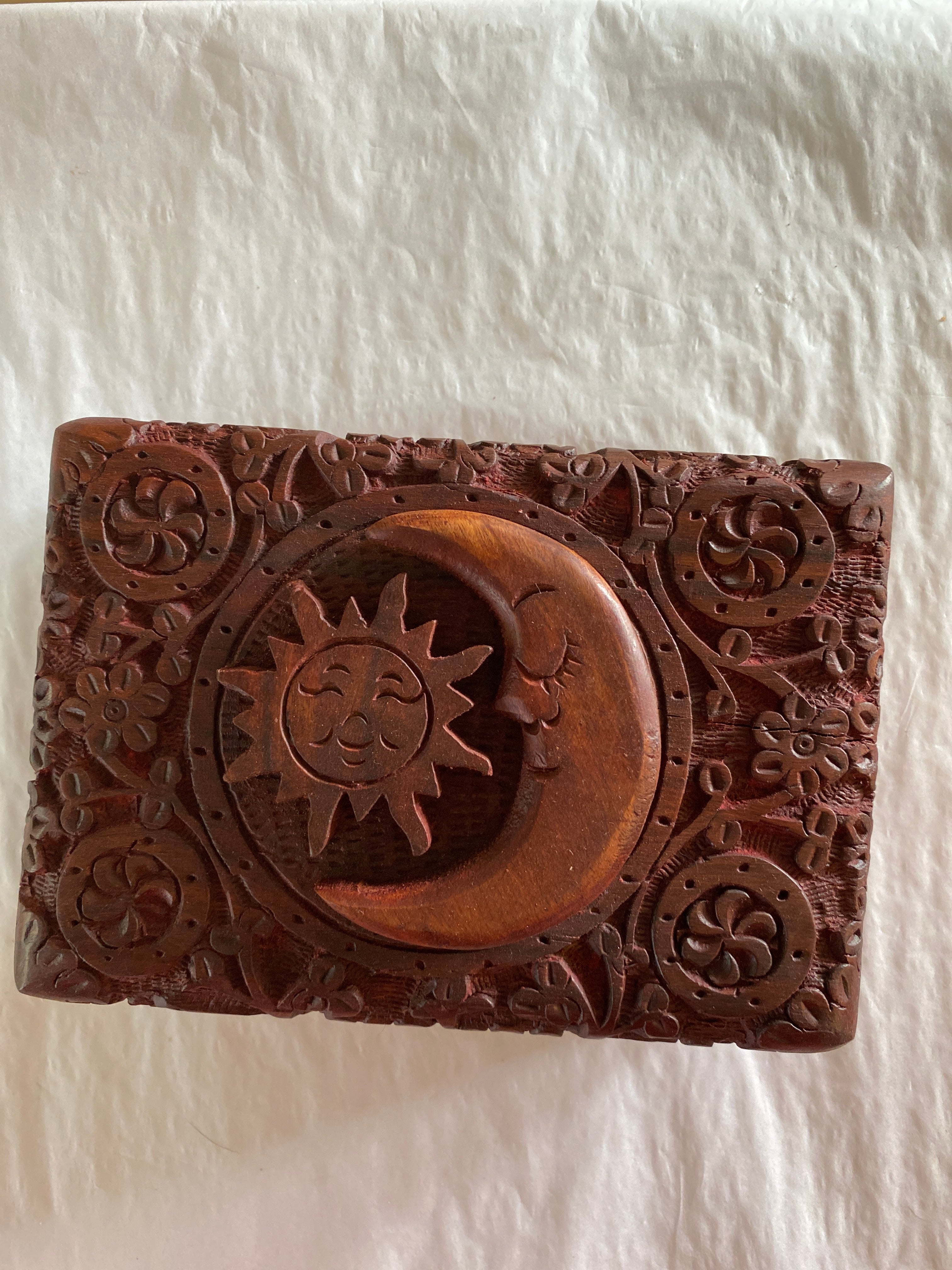 Sun and Moon Carved Wood Box