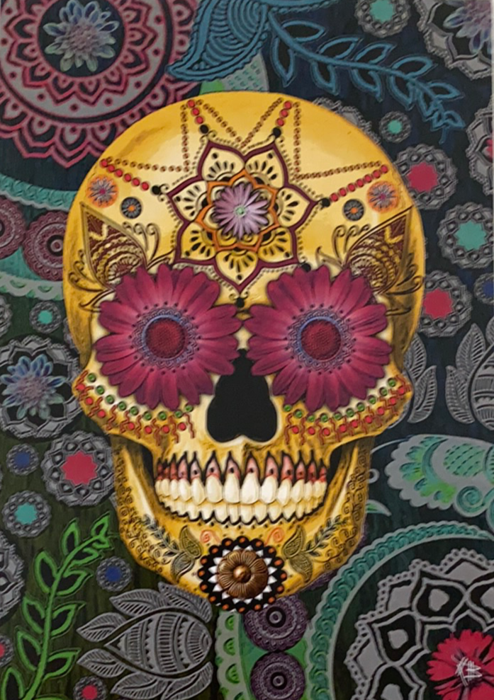 Beautiful sugar skull with flower eyes and surrounded by psychedelic flowers 