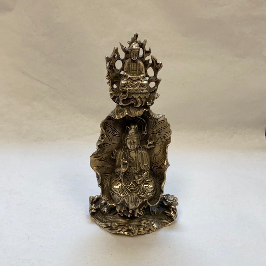 Buddha & Kwan Yin Statue Silver Hindu lg