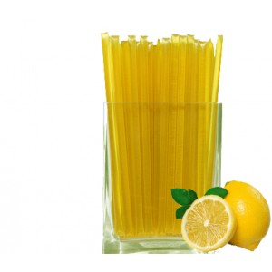 Lemon Honey Straw.  A clear, plastic straw heat sealed at each end holding a yellow, translucent, lemon honey syrup within.  