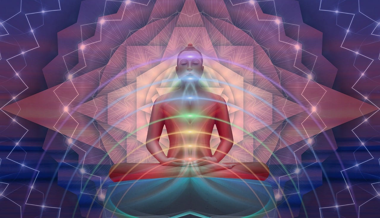 A figure meditating with a pinkish lavender lotus around theme with waves of light radiating away
