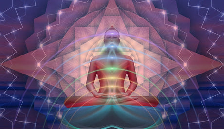A figure meditating with a pinkish lavender lotus around theme with waves of light radiating away
