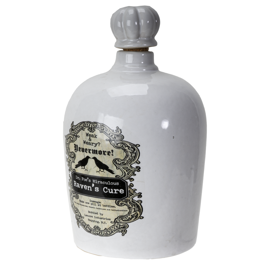 A white ceramic bottle with a gray ribbed stopper, featuring a vintage-style label for 'Ravenmore' 'Raven's Cure' with black raven silhouettes and ornate detailing.
