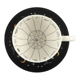 Teacup with zodiac design on a black saucer