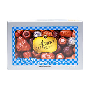 Silver chocolate box with images of dark and milk chocolate 
