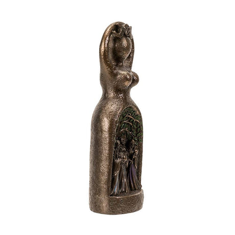Bronze sculpture of a woman with a decorative panel on a white background