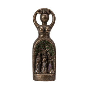 Bronze figurine of a woman with a tree and animals in the background on a white background