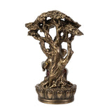 the back of statue of a deity with a tree on a white background
