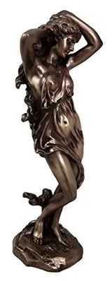 Bronze statue of a woman with draped fabric on a white background