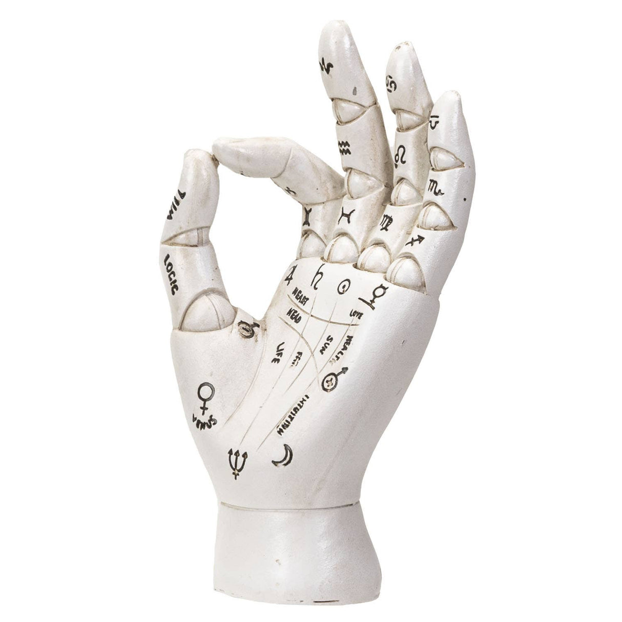 White hand model with astrological symbols on a white background
