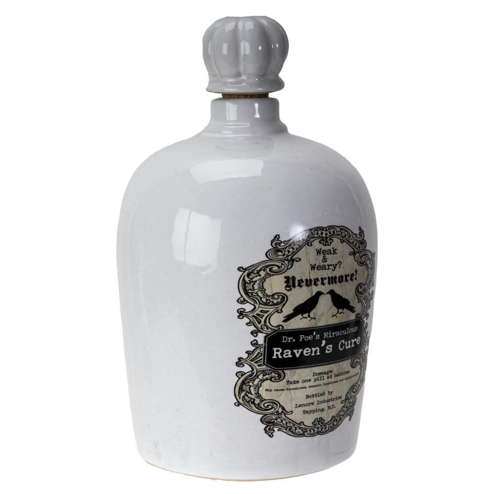 A white ceramic bottle with a ribbed gray stopper and a vintage-style black label reading 'Wink's Weirdity's Nevermore! Dr. Fun's Alchemy Raven's Cure'.