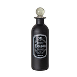A matte black bottle with a round glass stopper and a vintage-style white label that reads 'Deadly Poison Unfiltered 100% Pure'.
