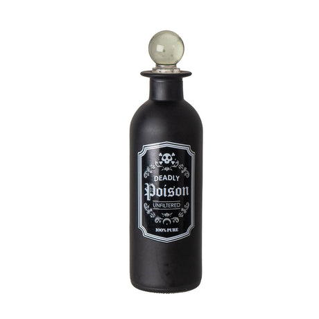 A matte black bottle with a round glass stopper and a vintage-style white label that reads 'Deadly Poison Unfiltered 100% Pure'.