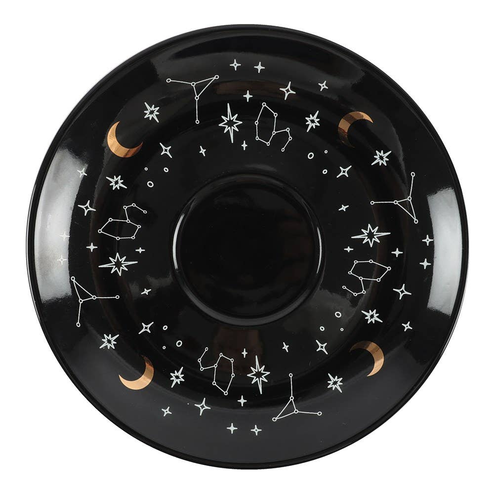Black plate with star and constellation designs on a white background