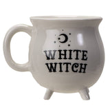 White mug with 'White Witch' text and moon and star design on a white background