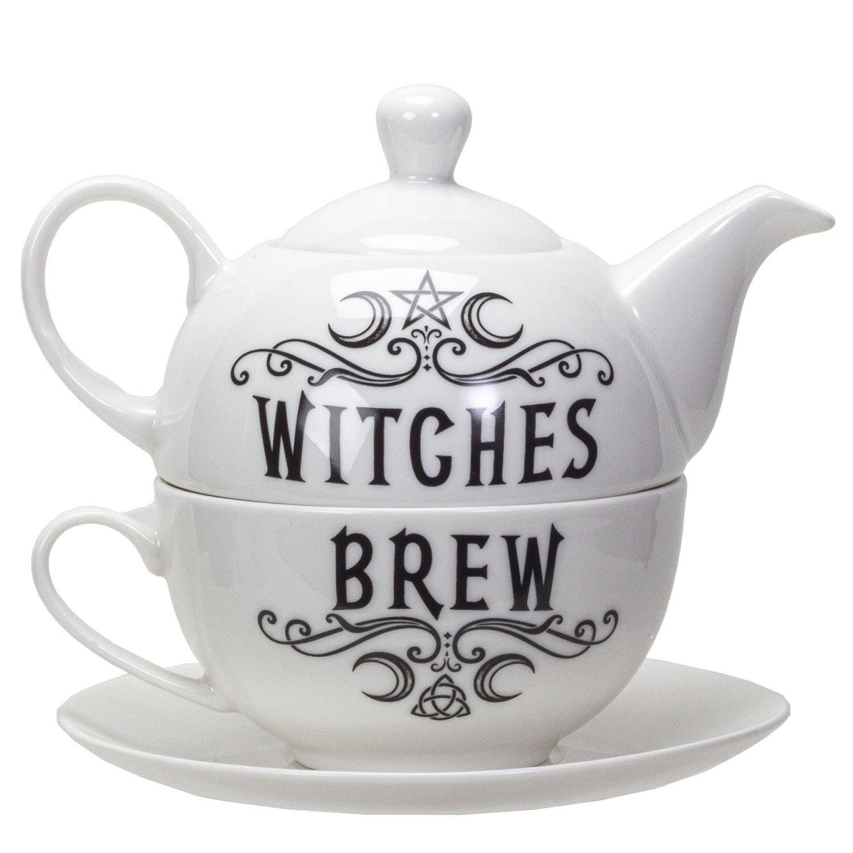 White ceramic teapot and matching teacup with saucer, featuring black gothic-style text reading 'WITCHES BREW' with decorative swirls and a pentagram symbol.