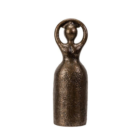 Bronze sculpture of a woman on a white background