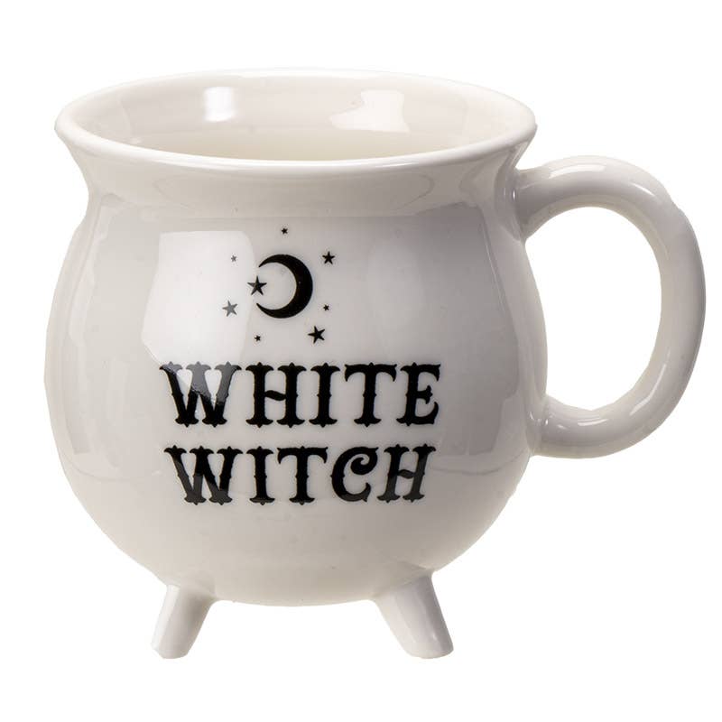 White mug with 'White Witch' text and celestial design on a white background