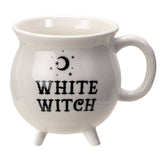 White mug with 'White Witch' text and celestial design on a white background