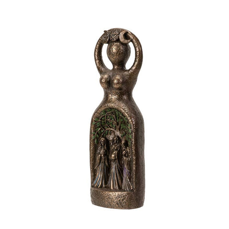 Bronze figurine of a woman with a detailed scene on a white background