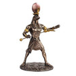 Bronze-colored warrior figurine with helmet and spear on a white background