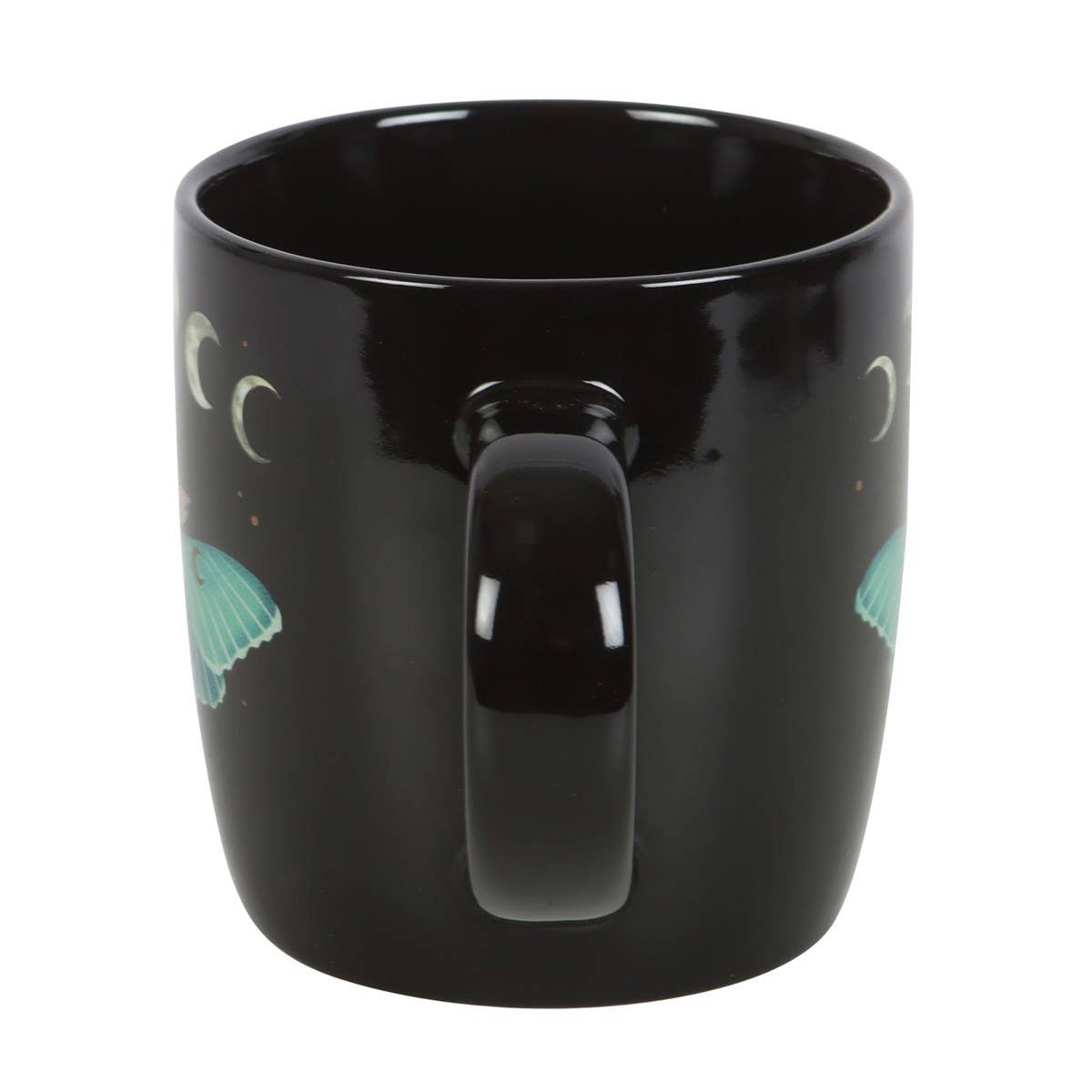 Black mug with mermaid designs on a white background