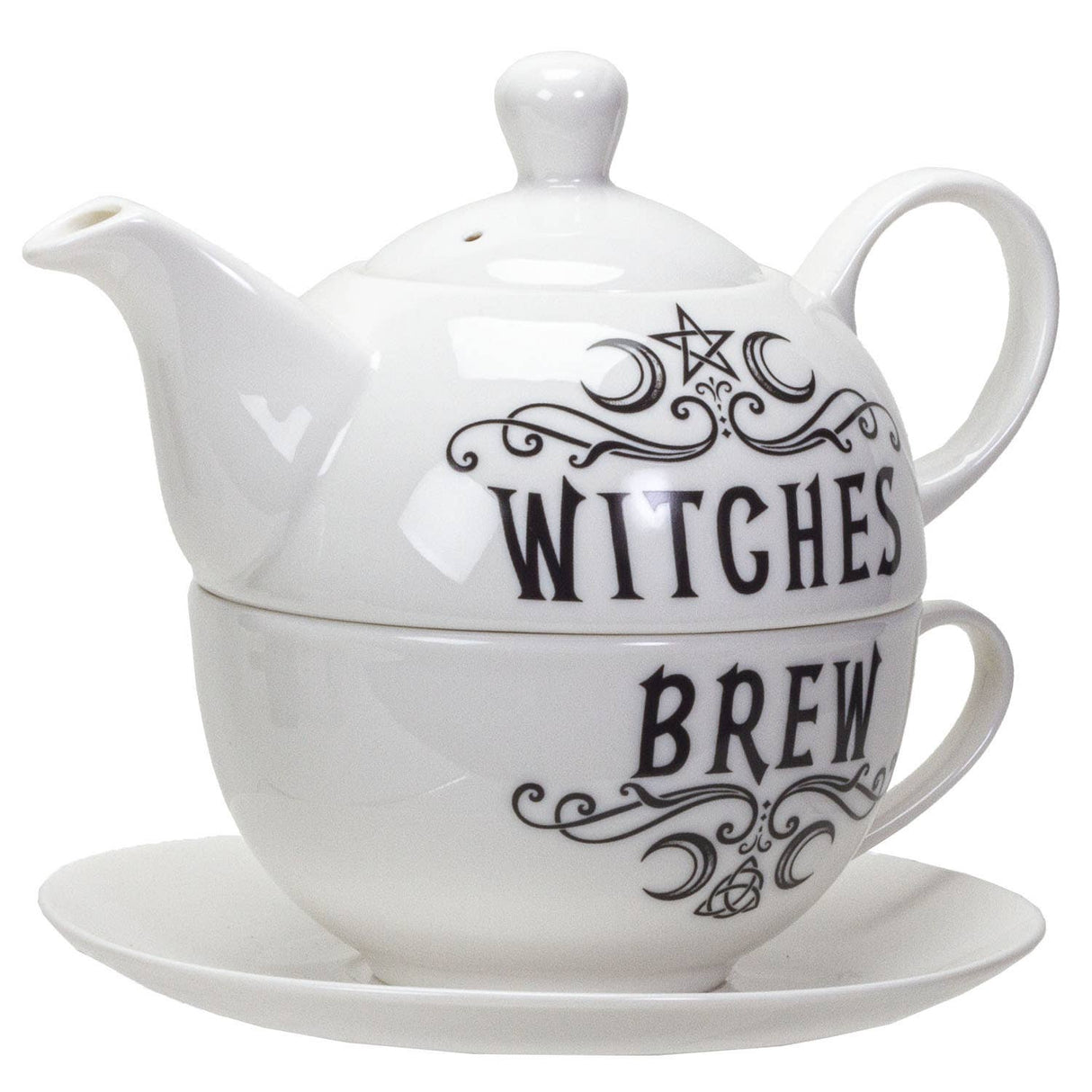 A white ceramic teapot and matching cup set with a saucer, featuring black gothic-style text reading 'WITCHES BREW' and decorative swirls and a star motif.