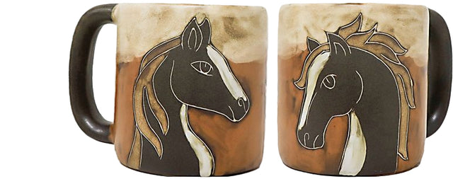Two ceramic  beige mugs with horse designs on a white background 