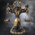 Statue of a deity with scales and skulls on a dark background