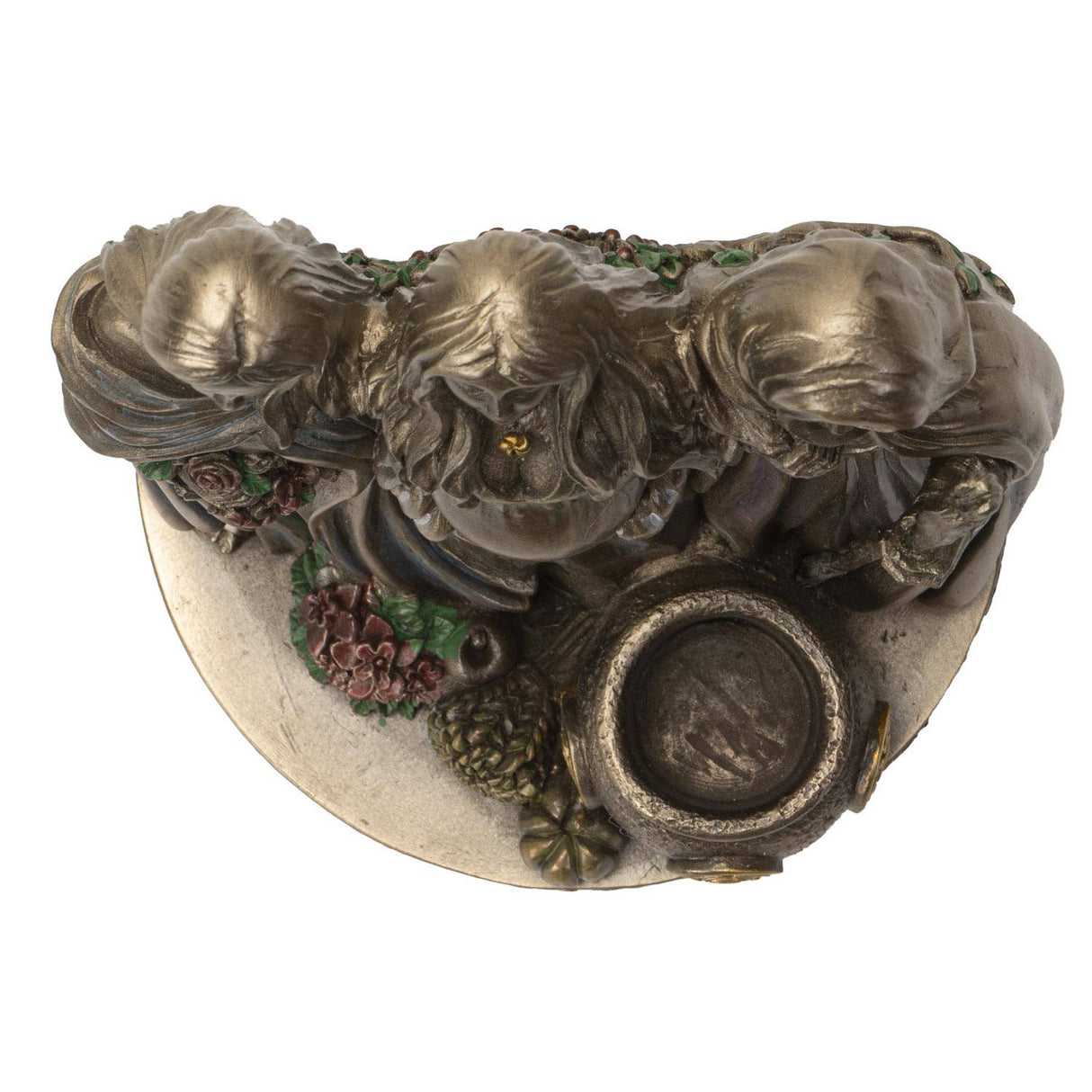 Decorative wall piece with three figures and floral elements on a white background