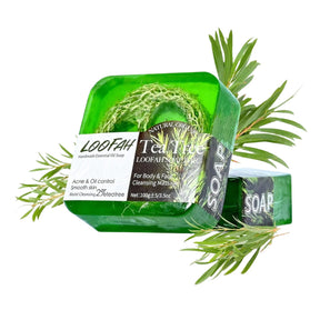 Loofah Tea Tree Soap green with label that says loofa tea tree soap 