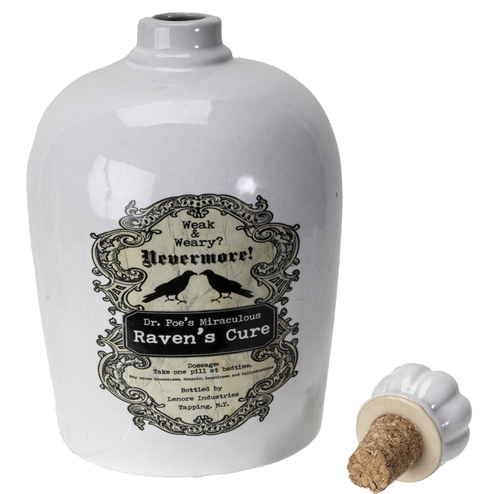 A white ceramic bottle labeled 'Raven's Cure' with a vintage-style black label featuring ravens and gothic text, shown alongside a small detached white stopper with a cork on a white background.