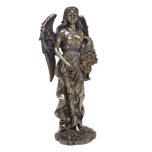 Statue of an angel holding grapes on a white background