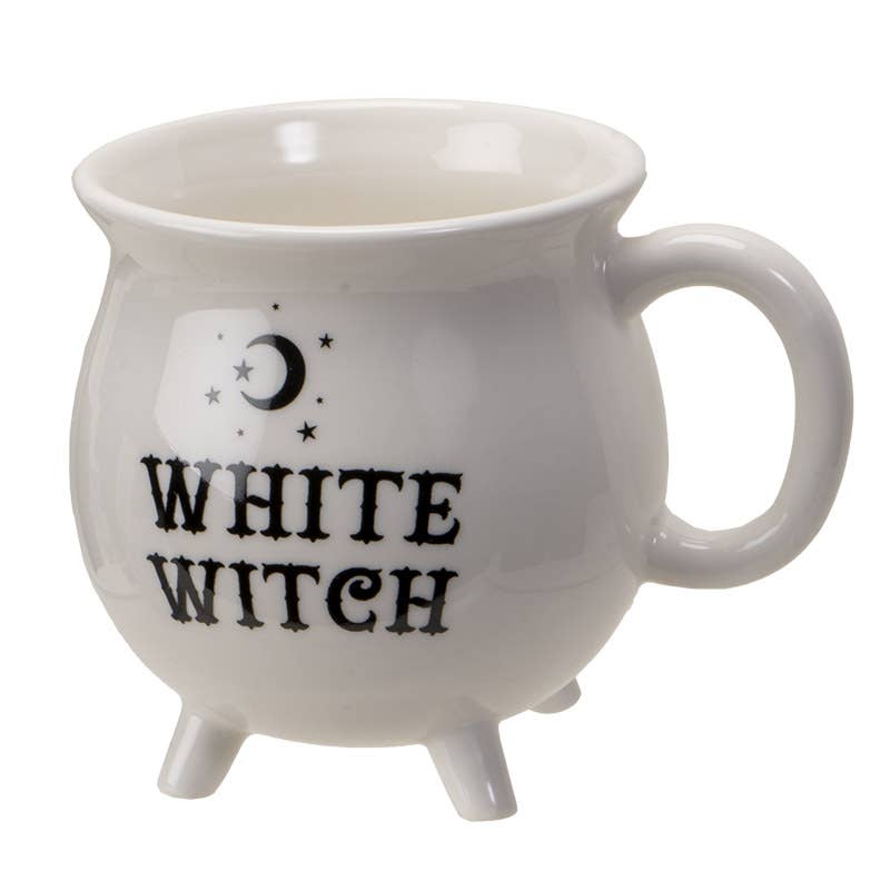 White mug with 'White Witch' text and moon design on a white background