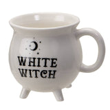 White mug with 'White Witch' text and moon design on a white background