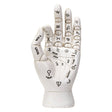 White palmistry hand with astrological symbols on a white background