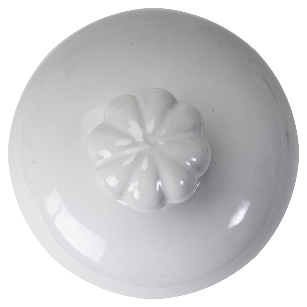 A glossy white ceramic pot lid knob with a rounded, flower-like pedestal base, shown from a top-down perspective on a white background.