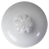 A glossy white ceramic pot lid knob with a rounded, flower-like pedestal base, shown from a top-down perspective on a white background.