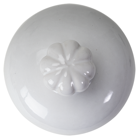 A glossy white ceramic pot lid knob with a rounded, flower-like pedestal base, shown from a top-down perspective on a white background.