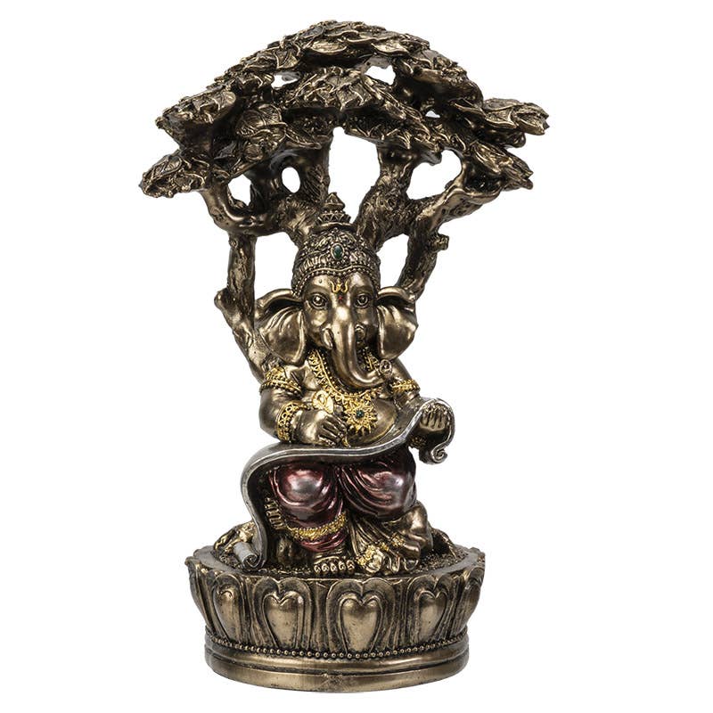 Decorative Ganesha statue seated figure with a tree-like structure on a white background