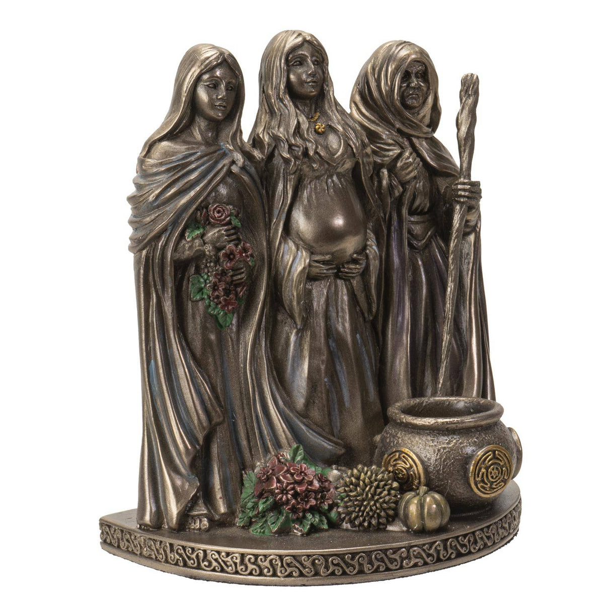 Bronze statue of three women with various items on a white background