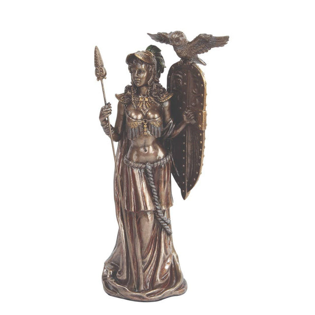 Bronze statue of a warrior woman with a spear and shield on a white background