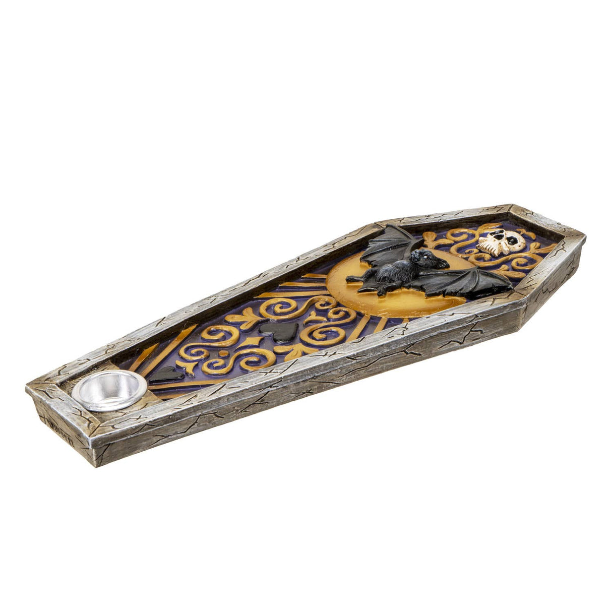 A coffin-shaped gothic tray or candle holder with a weathered gray wood-look frame, black and gold scrollwork, a black bat, and a small skull detail, shown on a plain white background.
