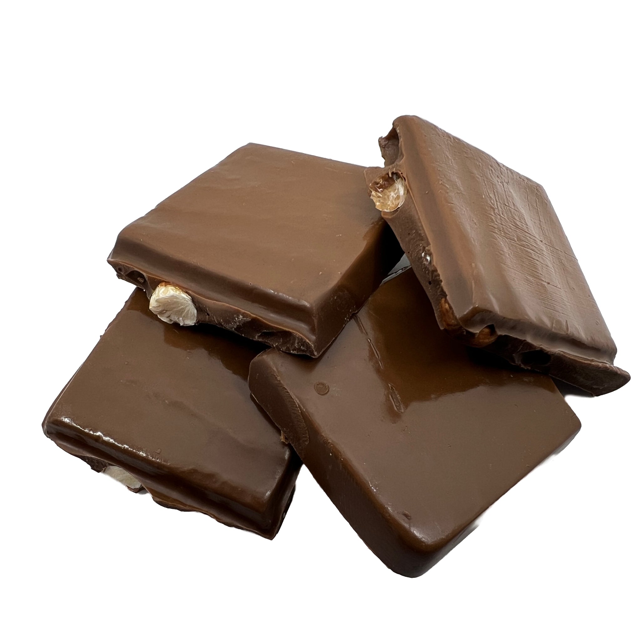 Large squares of milk chocolate with almonds showing 