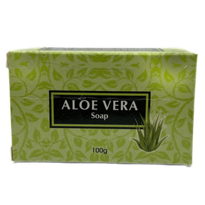 Green and white soap box with a picture of an aloe vera plant. The label reads "Aloe Vera Soap 100g."