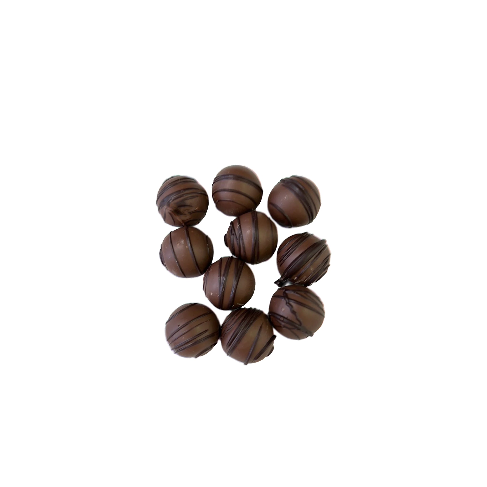 Round marble size chocolates in milk chocolate with dark chocolate stripes 