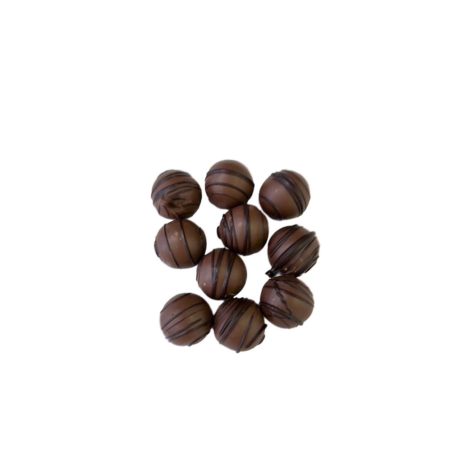 Amaretto Dark Chocolate Truffle - Round marble size chocolates in milk chocolate with dark chocolate stripes 