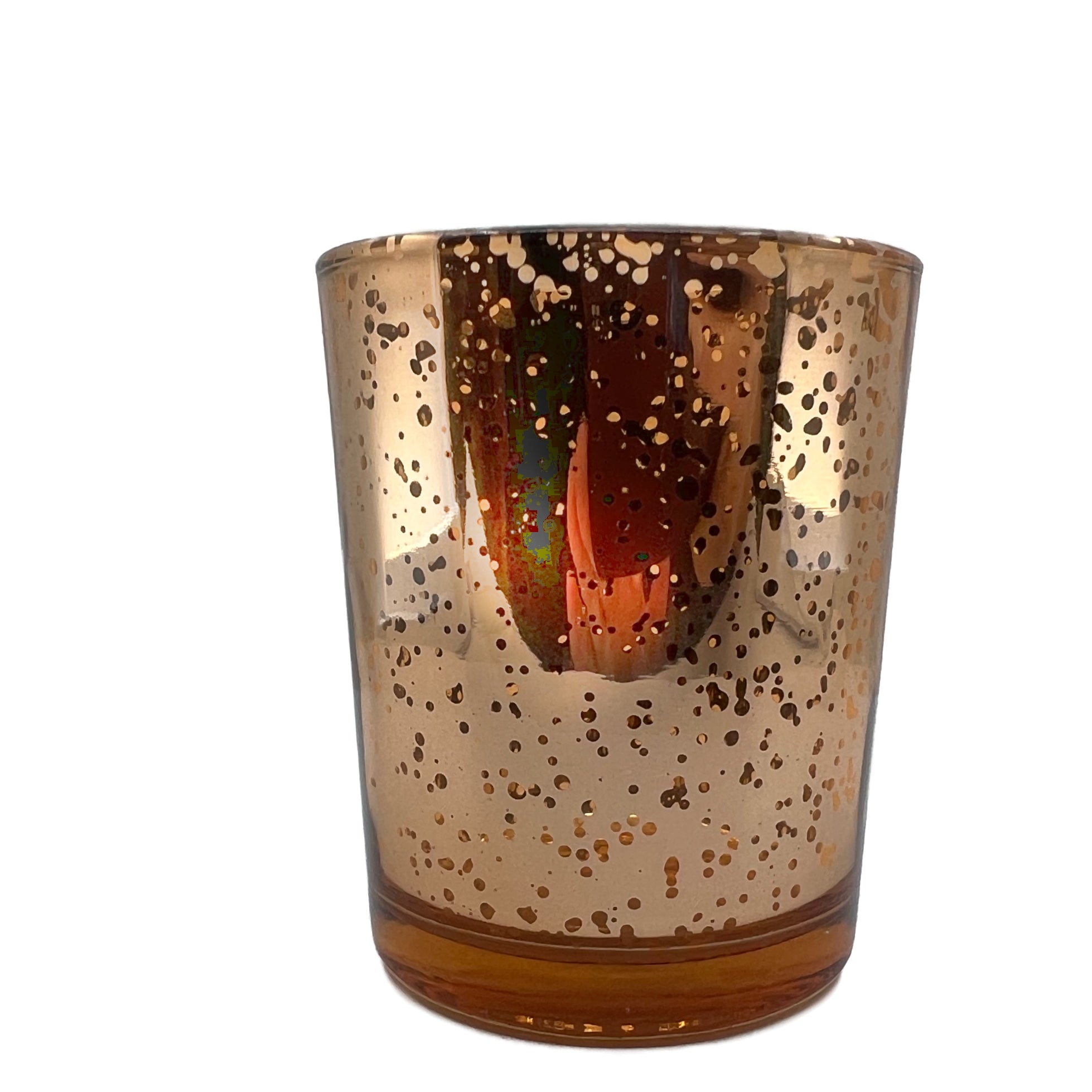 Flared end glass votive holder, metallic amber with clear speckles 