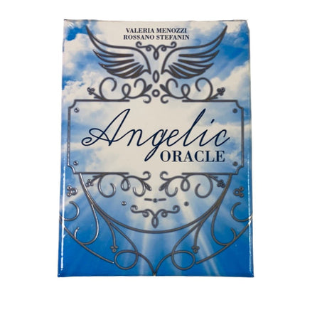 Angelic Oracle Cards - Blue card box woith white clouds and the words Angelic Oracle 
